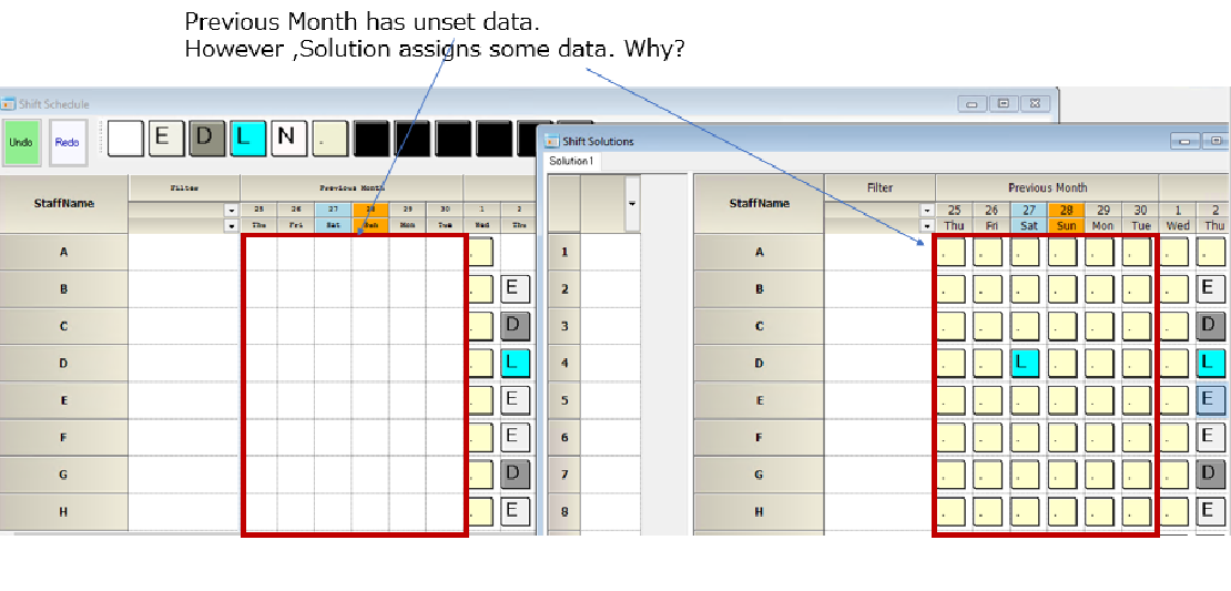 Is it a bug that the previous month's week is filled-in in the solution when the previous month's week contains unset shifts ?